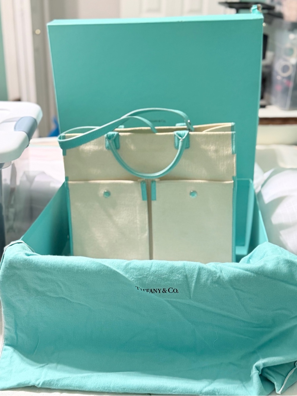 Tiffany & Co. Cream and Tiffany Blue Two-Tone Canvas Tote